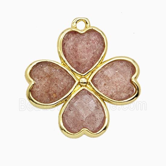 Natural Pink Strawberry Quartz Clover Pendant Heart Gold Plated