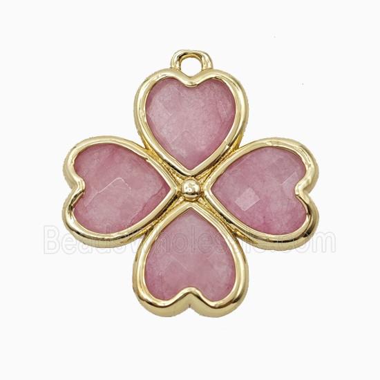Pink Dye Jade Clover Pendant Heart Gold Plated