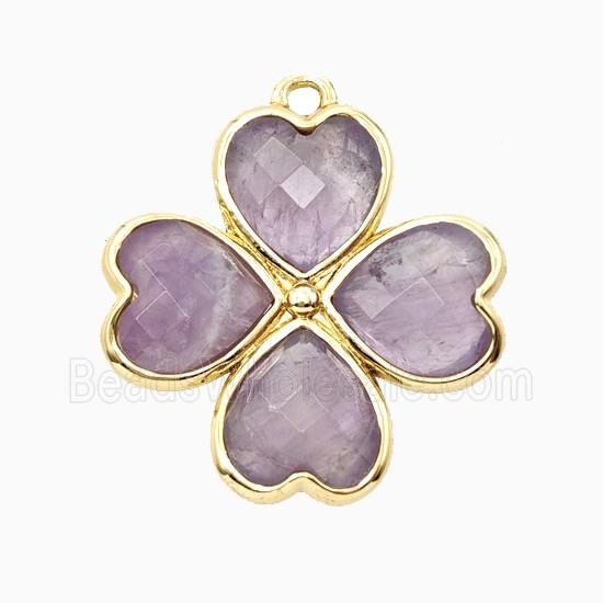 Lt.purple Amethyst Clover Pendant Heart Gold Plated
