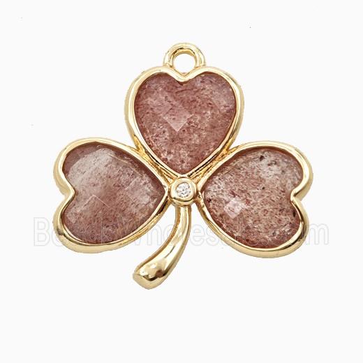 Pink Strawberry Quartz Clover Pendant Heart Gold Plated