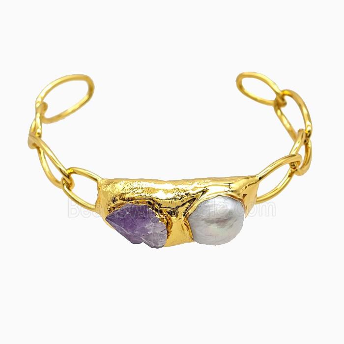 Amethyst Pearl Bangle Copper Gold Plated
