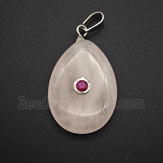 Pink Rose Quartz Teardrop Pendant Pave Zirconia