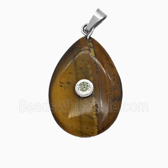 Tiger Eye Stone Teardrop Pendant Pave Zirconia