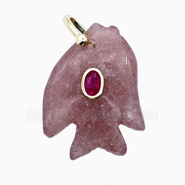 Pink Strawberry Quartz Fish Pendant Pave Zirconia