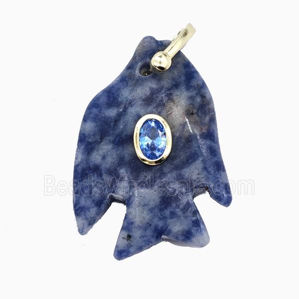 Blue Dalmatian Jasper Fish Pendant Pave Zirconia