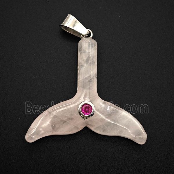 Pink Rose Quartz Mermaid-Tail Pendant Pave Zirconia