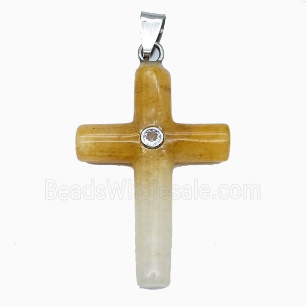 Yellow Aventurine Cross Pendant Pave Zirconia