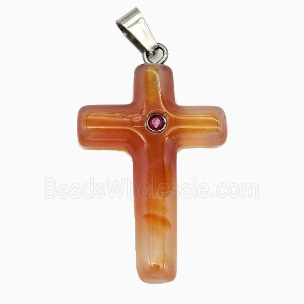 Red Carnelian Agate Cross Pendant Pave Zirconia