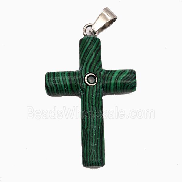Synthetic Green Malachite Cross Pendant Pave Zirconia
