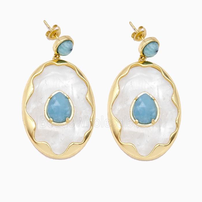Clear Quartz Oval Stud Earrings Copper Gold Plated