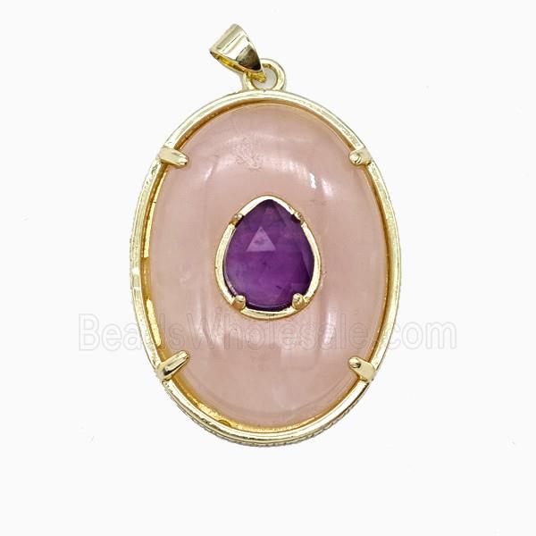Rose Quartz Oval Pendant Copper Gold Plated
