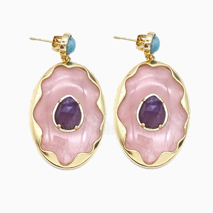 Rose Quartz Oval Stud Earrings Copper Gold Plated