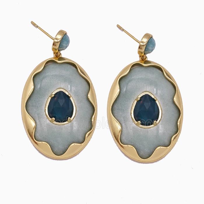 Green Aventurine Oval Stud Earrings Copper Gold Plated