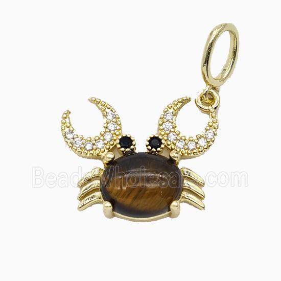 Copper Crab Pendant Pave Zirconia Tiger Eye Gold Plated