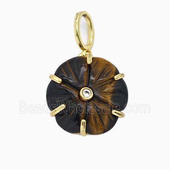 Tiger Eye Stone Flower Pendant Pave Zirconia