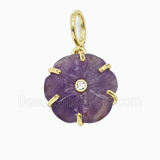 Puprle Amethyst Flower Pendant Pave Zirconia