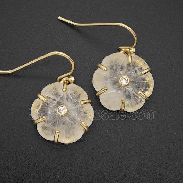Clear Quartz Flower Hook Earrings Pave Zirconia Gold Plated