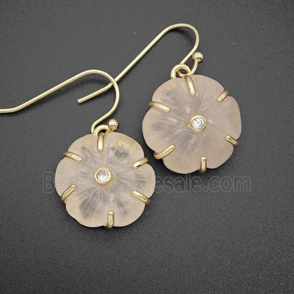 Pink Rose Quartz Flower Hook Earrings Pave Zirconia Gold Plated