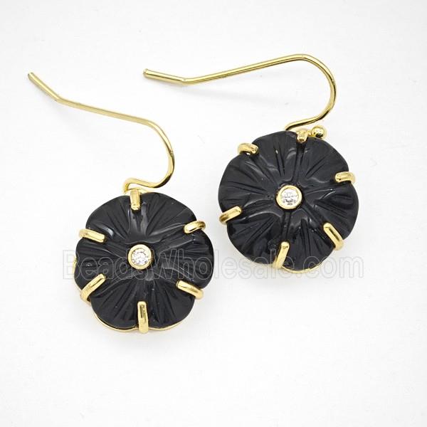 Black Obsidian Flower Hook Earrings Pave Zirconia Gold Plated