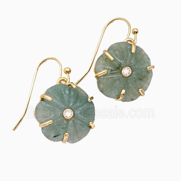 Green Aventurine Flower Hook Earrings Pave Zirconia Gold Plated