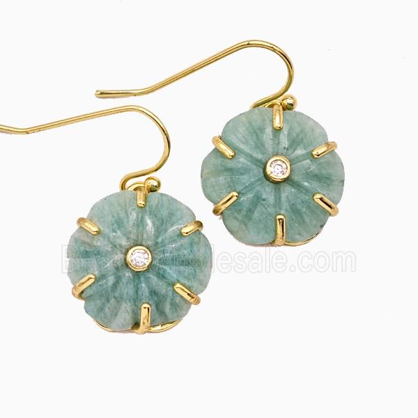 Green Amazonite Flower Hook Earrings Pave Zirconia Gold Plated