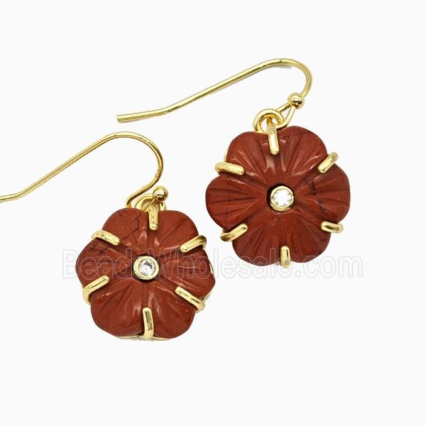 Red Jasper Flower Hook Earrings Pave Zirconia Gold Plated