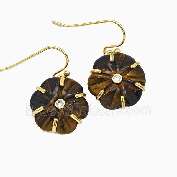 Tiger Eye Stone Flower Hook Earrings Pave Zirconia Gold Plated