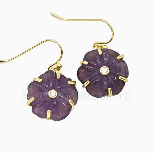 Purple Amethyst Flower Hook Earrings Pave Zirconia Gold Plated