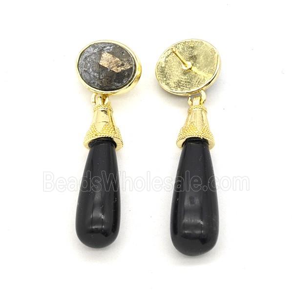 Black Obsidian Teardrop Stud Earrings Gold Plated
