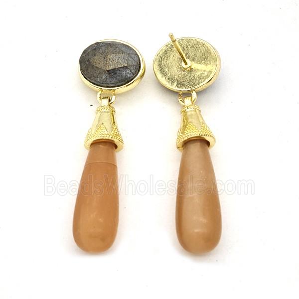 Orange Aventurine Teardrop Stud Earrings Gold Plated