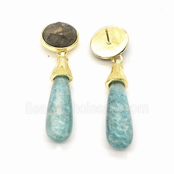 Green Amazonite Teardrop Stud Earrings Gold Plated