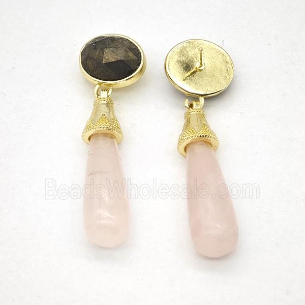 Pink Rose Quartz Teardrop Stud Earrings Gold Plated