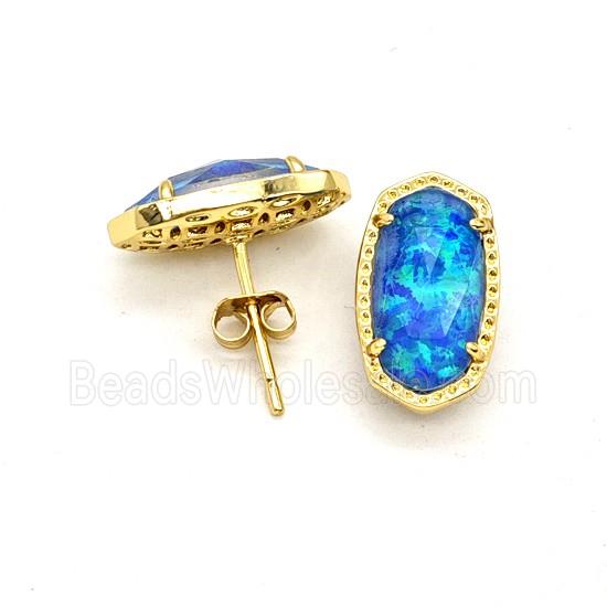 Blue Fireopal Copper Stud Earrings Gold Plated