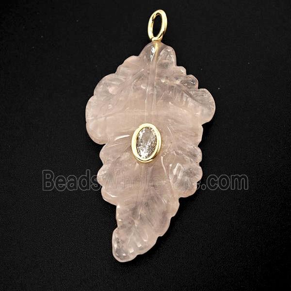 Pink Rose Quartz Leaf Pendant Pave Zirconia