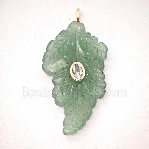 Green Aventurine Leaf Pendant Pave Zirconia