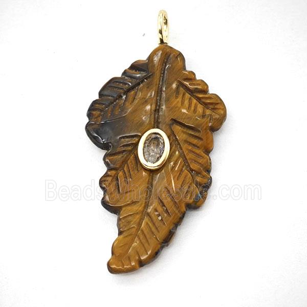 Tiger Eye Stone Leaf Pendant Pave Zirconia