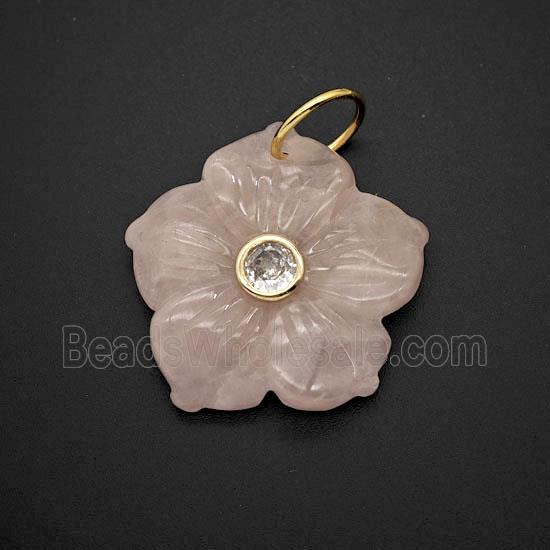 Pink Rose Quartz Flower Pendant Pave Zirconia