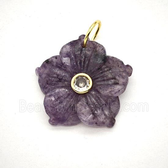 Purple Lepidolite Flower Pendant Pave Zirconia