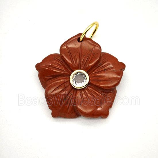Natural Red Jasper Flower Pendant Pave Zirconia