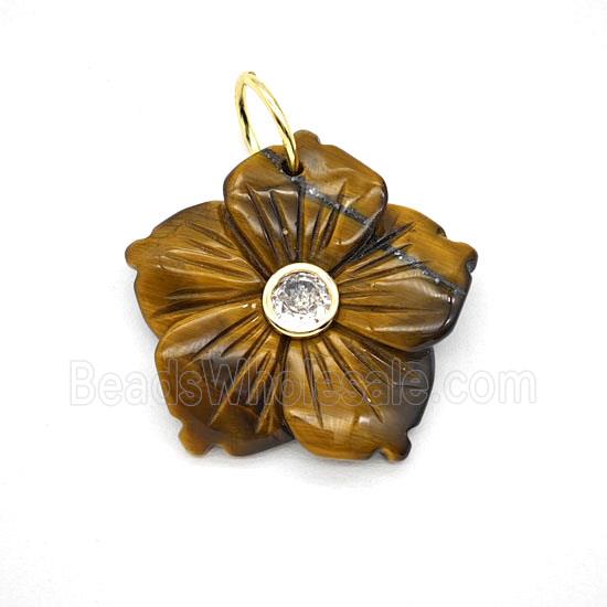 Tiger Eye Stone Flower Pendant Pave Zirconia