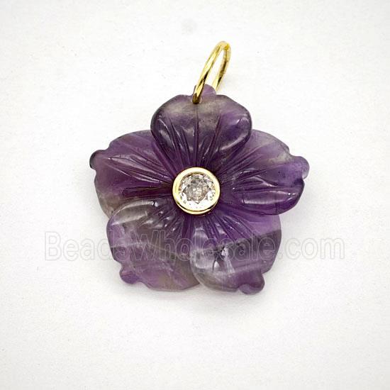 Purple Amethyst Flower Pendant Pave Zirconia