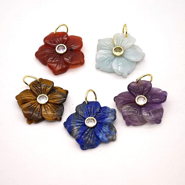 Natural Gemstone Flower Pendant Pave Zirconia Mixed