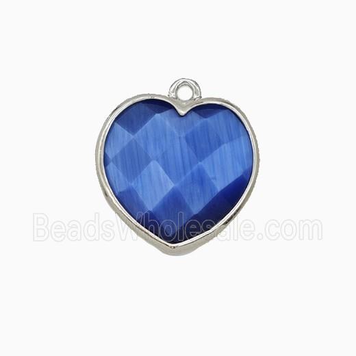 Blue Cats Eye Glass Heart Pendant Faceted