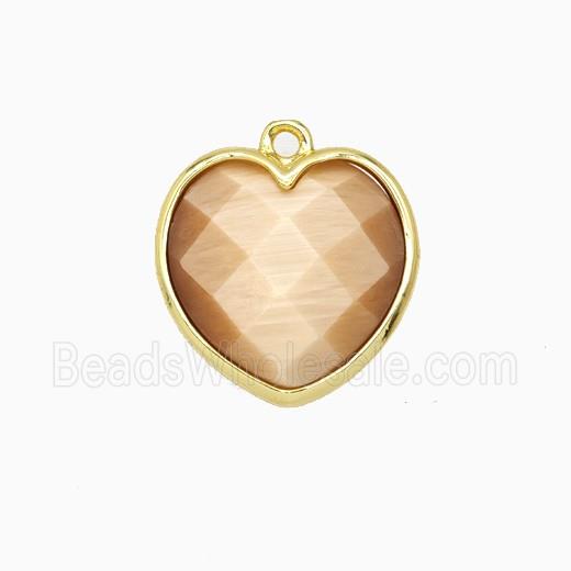 Peach Cats Eye Glass Heart Pendant Faceted