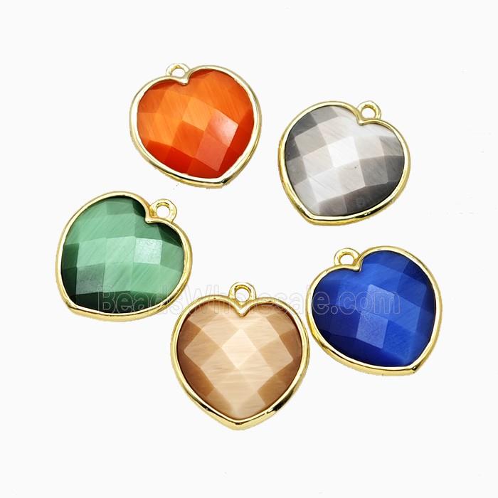 Cats Eye Glass Heart Pendant Faceted Mixed