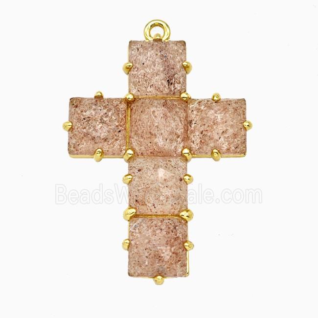Pink Strawberry Quartz Cross Pendant Gold Plated