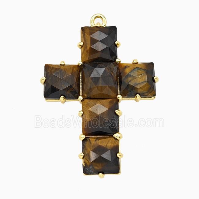 Tiger Eye Stone Cross Pendant Gold Plated