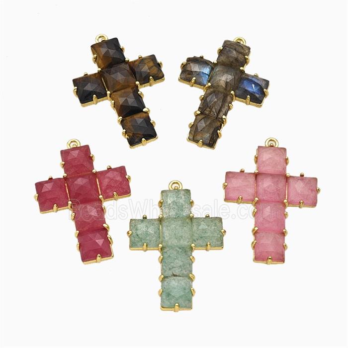 Natural Gemstne Cross Pendant Gold Plated Mixed