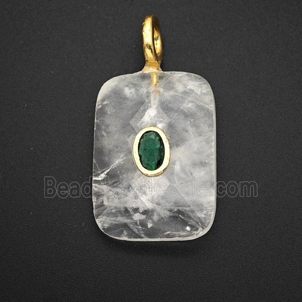 Natural Clear Quartz Rectangle Pendant Pave Zirconia