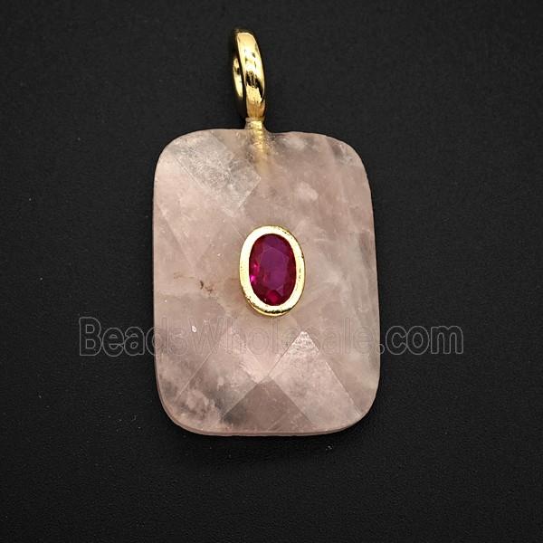 Natural Pink Rose Quartz Rectangle Pendant Pave Zirconia